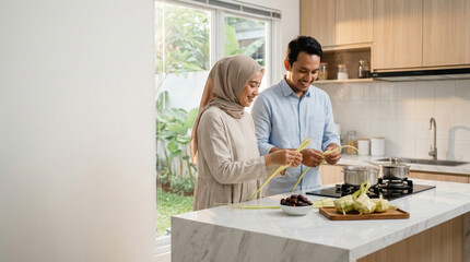 Muslim couple weaving ketupat, preparing traditional Eid food