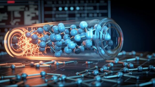 Drug discovery AI. Molecular modeling. Protein structure. Biotech. Biopharma. Genomics. virtual labs. medical research. A digital representation of molecular structures in a lab setting.