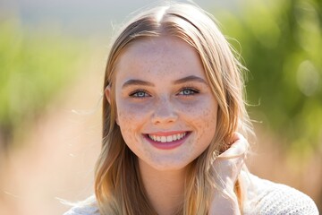 Smiling Young Woman with Freckles Looking at Camera