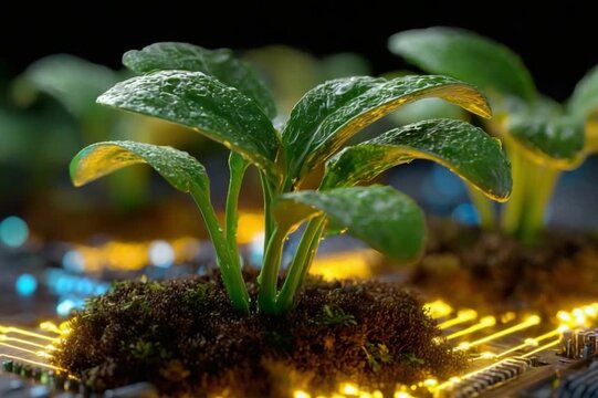Evolving Growth: A vibrant plant sprouts from a digital circuit board, a striking metaphor for the symbiotic relationship between technology and nature and innovation.