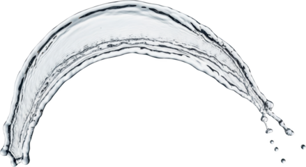 A clear liquid water splash frozen mid air creating an arching curve with droplets falling Isolated for fluid motion transparent background spray wave
