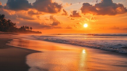 Beach sunrise/sunset, orange glow, waves, and cloudy sky
