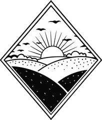 Bold Sunrise Landscape in Diamond Frame – Black and White Vector Illustration