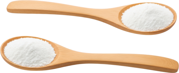 Two wooden spoons filled with white granular powder isolate ingredient cooking baking substance dry fine raw material food kitchen element object preparation