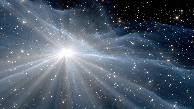 A brilliant, bright star emits rays of light outwards into a swirling blue nebula filled with countless small stars against a dark, starry background.