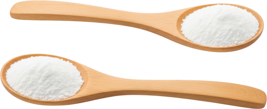 Two wooden spoons filled with white granular powder isolate ingredient cooking baking substance dry fine raw material food kitchen element object preparation
