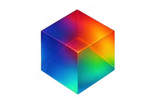 Isometric colorful glowing cube with rainbow gradient