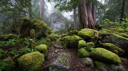 Lush green moss covers rocks and trees in a foggy forest landscape.