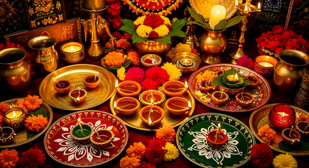 Diwali Altar With Oil Lamps, Marigolds, And Colorful Plates For Celebration Decor