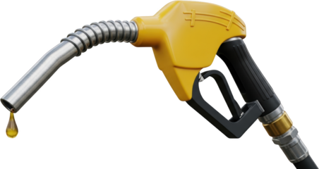 Yellow fuel pump nozzle with a single drop of golden liquid falling from its metal spout isolate gas pump gasoline chrome automotive energy transportation