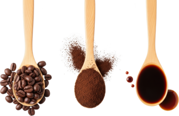 Three wooden spoons display coffee beans ground coffee and liquid coffee isolate powder espresso drink transparent background caffeine morning hot beverage