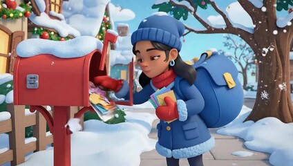 A young girl in winter clothes checks her mailbox on a snowy street, finding it full of colorful letters and gifts.