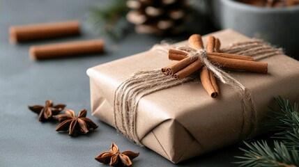 A close-up of a gift box wrapped in brown kraft paper, tied with twine and decorated with cinnamon sticks and star anise. Pine needles and a pine cone are visib