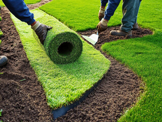 Two landscapers work together to install fresh sod in a residential garden. The sunlight enhances the vibrant green grass as they carefully position each roll along a prepared area.