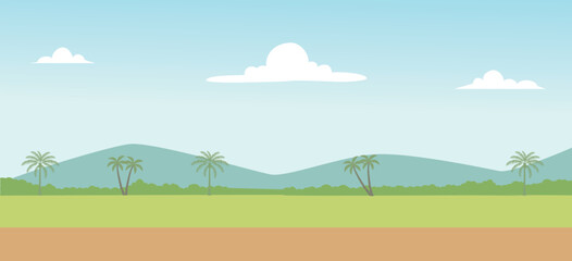 Obraz premium Cartoon Farm Landscape With Mountains Palm Trees and Clear Sky Illustration