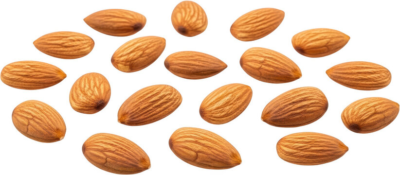 Scattered whole almonds with textured brown shells showing distinct grooves and a natural organic appearance isolate Nuts Food Healthy Ingredient Raw Snack