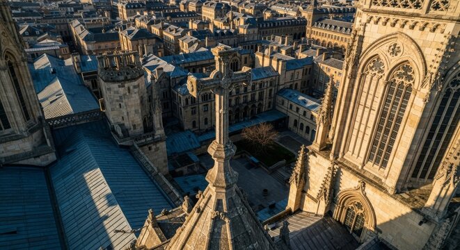 Aerial view of a cathedral with a cross, showing rooftops and cityscape, sunny day. - Powered by Adobe