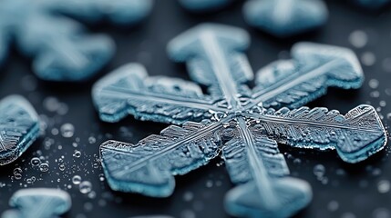 Extreme close-up of a detailed, intricate ice crystal snowflake with visible crystalline structures. The snowflake rests on a dark, reflective surface dotted wi