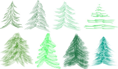 Obraz premium Vector set of 8 grunge Christmas trees with hatching