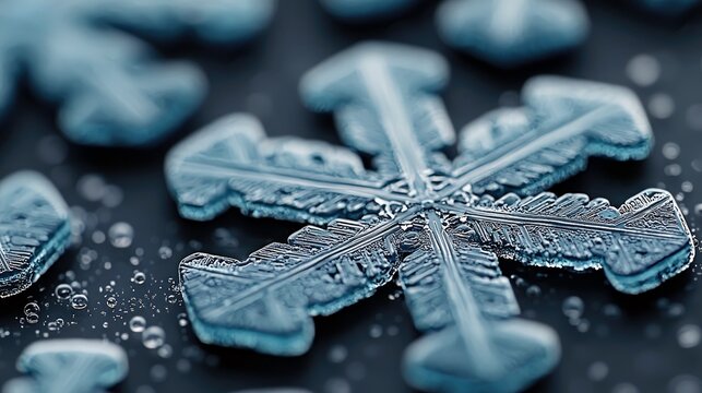 Extreme close-up of a detailed, intricate ice crystal snowflake with visible crystalline structures. The snowflake rests on a dark, reflective surface dotted wi