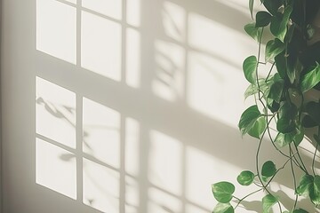 Sunlit wall with patterned window shadow and trailing plant