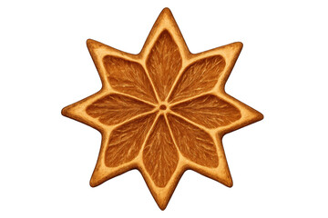 Fototapeta premium A decorative star-shaped dried orange slice with a detailed translucent texture and fibrous pulp, seen in a close-up top view as a festive seasonal decoration
