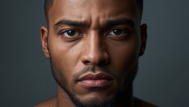 Focused Portrait of a Young Man with Intense Gaze and Textured Skin Detail. - Powered by Adobe