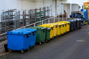 Colorful waste containers aligned along a service ramp forming essential infrastructure for the operational support area zone