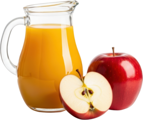 A glass pitcher filled with amber colored juice sits next to a whole red apple and a halved apple isolate apple juice fresh healthy fruit drink refreshment