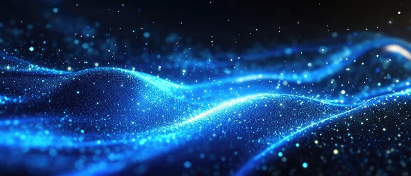 Glowing blue particle waves in dark space