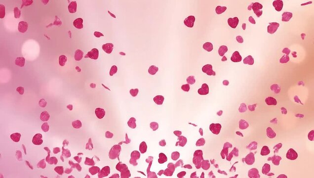 Falling pink rose petals on a soft bokeh background.