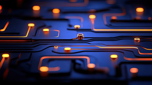 Abstract close-up of a dark blue circuit board with glowing orange lines and lights, suggesting technology and data flow.
