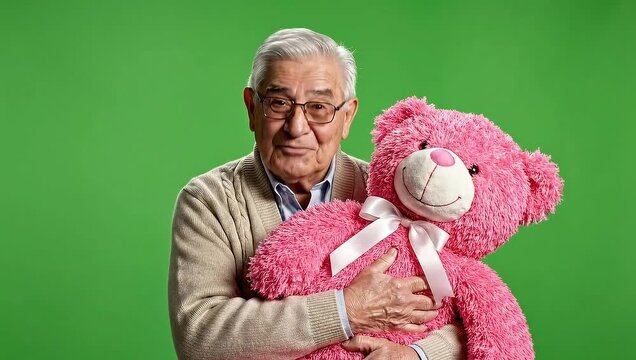 Elderly man holding a pink teddy bear on a green screen.