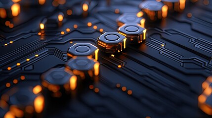 A detailed, abstract macro shot of a dark, futuristic circuit board with hexagonal components and glowing orange lights, suggesting advanced technology and inno