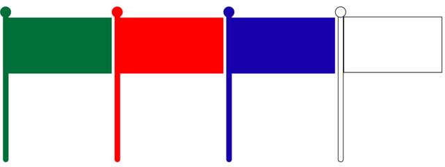 Four flags, side-by-side, are displayed on a white background. The flags are of different colors: green, red, blue, and white.

