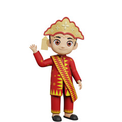 Friendly boy character wearing Bangka Belitung traditional outfit, waving happily while displaying red attire, golden ornaments, and cultural patterns in clean vector artwork.