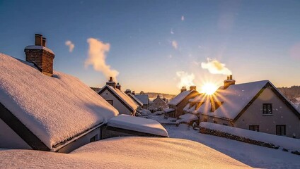 Winter sunrise over snow-covered rooftops with smoke rising from chimneys. - Powered by Adobe