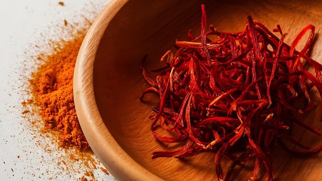 Dried red chili peppers and spices in a wooden bowl