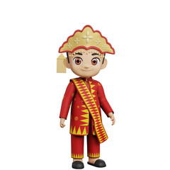 Cute boy character wearing traditional Bangka Belitung attire with red clothing, golden headpiece, and cultural patterns, designed in a clean modern vector illustration.