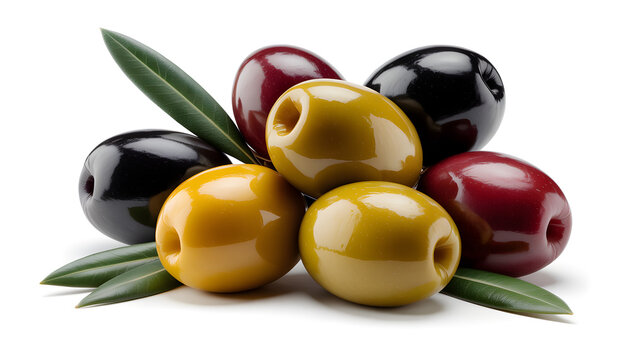 Olive variety collection with green leaves on white background - Powered by Adobe