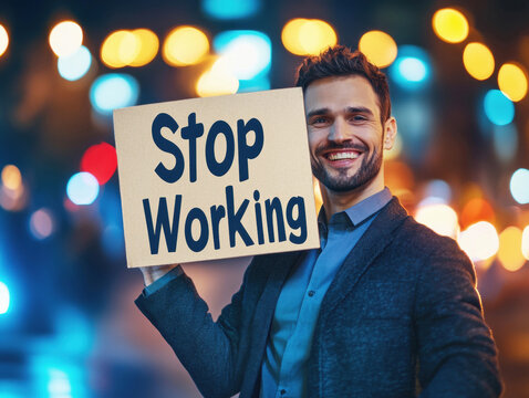 A young man smiles while holding a large sign that reads Stop Working, surrounded by vibrant city lights at night. His cheerful demeanor contrasts with the urban backdrop. - Powered by Adobe