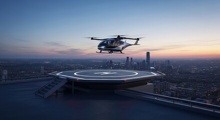 Futuristic eVTOL aircraft hovering above helipad at sunset over city skyline.