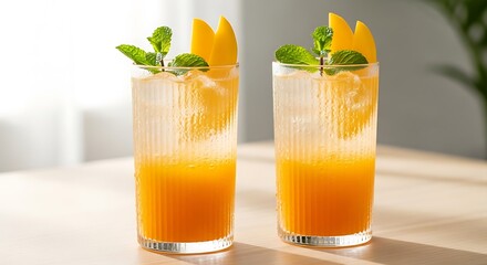 Two refreshing orange juice drinks with ice and mint garnish.
