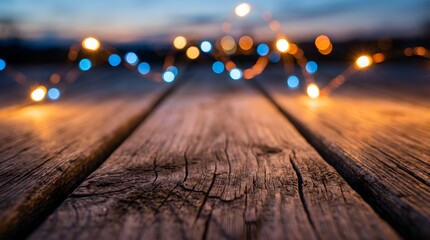 Rustic wooden table foreground with beautiful blurred bokeh fairy lights creating a magical and festive background at twilight