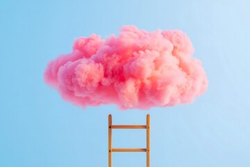 Pink Cloud Reached by Wooden Ladder - Dreamlike and Surreal Concept