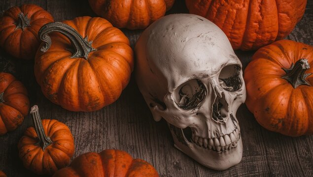 Pumpkins and Skull, Autumn Still Life Moody Lighting with Textured Surface. - Powered by Adobe