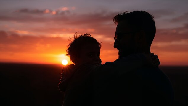Silhouette Embrace A Moment in Orange Hues, Sharing Warmth Under the Setting Light.