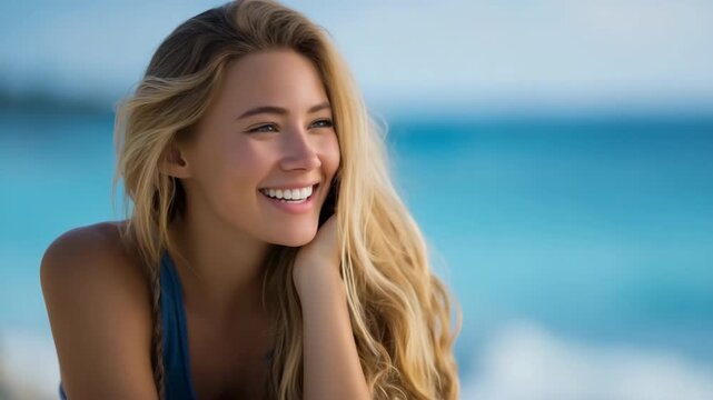 Young caucasian female enjoying beachside view with blonde hair and blue sky