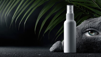 White spray bottle beside rock, green plant, dark backdrop