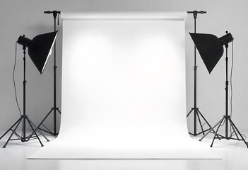Empty modern photo studio with white background, professional lighting, camera, tripod, and strobe. Clean interior, perfect for fashion, product, portrait, commercial photography, and creative.